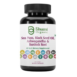 Bhumi Organic All in 1 Sea Moss Black Seed Oil,Ashwagandha, Ginger, Turmeric, Burdock Root Capsule (60 Count)
