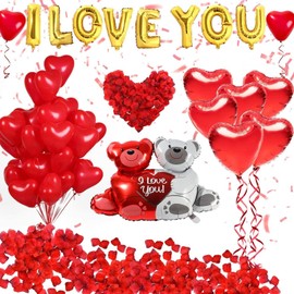 GOZINA Heart Balloons Anniversary Decorations, I Love You Balloons with 1000PCS Rose Petals Care Bear Foil Balloons Valentine's Day Decoration for Confession, Proposal, Engagement