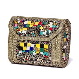 SHAKUNTLA VINTAGE womens Gold Metal Coloured Stone Sling Bag Clutch Purse for Girls Multicolour