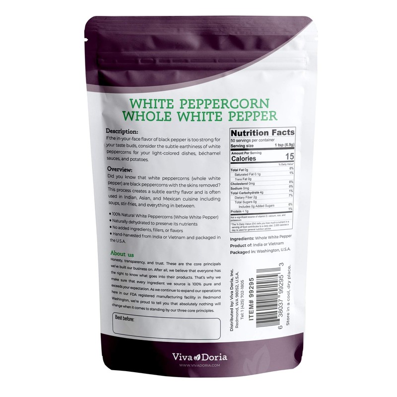 Viva Doria White Peppercorn, Whole White Pepper, 12 Oz For
