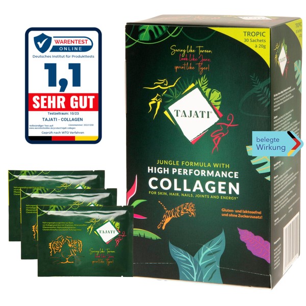 TAJATI® Collagen Powder Drink 12.6 g High Dose Collagen Hydrolysate for 30 Days - Contributes to Normal Collagen Formation - for Joints, Skin, Hair - Peptides Type 1, 3 - Certified, German