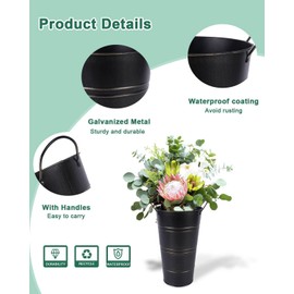 vensovo 12 Inch Galvanized Metal Vases for Flowers - 6 Pcs Farmhouse Decorative Tall Flower Bucket with Handles, Rustic French Tin Planter Buckets for Wedding Decor (Black)