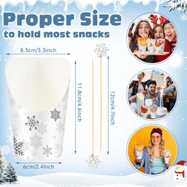 Jingmore 250pcs Christmas Snowflake Charcuterie Cups with Picks Set 50pcs Xmas French Fries Cups 200pcs Christmas Cocktail Picks 14oz Disposable Paper Snack Cups Fruit Sticks for Xmas Party(Silver)