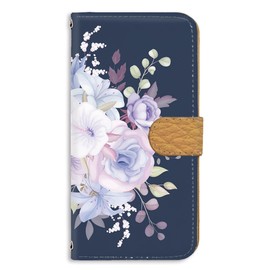 らくらくスマートフォン lite MR01 用 花柄 ブーケ パステルフローラル 大人可愛い ボタニカル ネイビー スマホケース 手帳 耐衝撃 カード収納 ドコモらくらくスマートフォンLiteケース 211103c