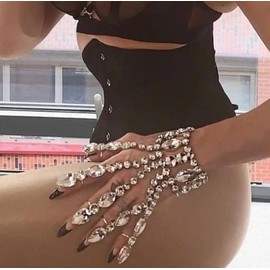 Obmyec Rhinestone Sparkle Crystal Hand Jewelry - Silver Shiny Finger Ring Bracelets & Link Bracelets - Hand Chain Accessories for Women (Silver-7)