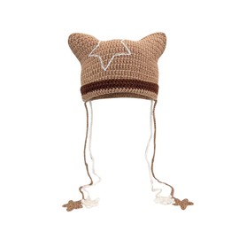 CORIRESHA Women's Cute Cat Ear Beanie Y2K Crochet Hat Star Accessories Goth Grunge Emo Therian Clothes Khaki Brown