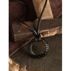 HAQUIL Viking Runes Necklace, Black Plated Stainless Steel Norse Rune Ring Talisman Pendant, Faux Leather Cord, Viking Jewelry Gift