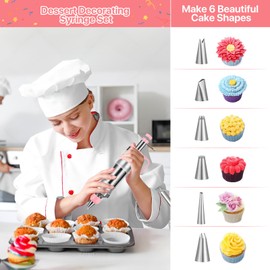 Icing Decoration Gun Set, Stainless Steel Dessert Decorating Syringe Set, Cupcake Frosting Filling Injector with 6 Icing Nozzles, 3 Cream Scraper, 2 Offset Spatula, 2 Nozzle Brush for Kitchen Baking