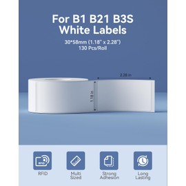 NIIMBOT B1 Label Tape B21 Self-Adhesive Labeling Tape 30x58mm Thermal Label Print Paper NIIMBOT Labels for Barcode/Address/Mailing/Logo/Business/Home Tag, 130 Labels/Roll, White