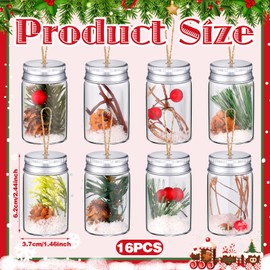 Teenyyou 16 Pcs Christmas Fillable Ornaments Crafts Clear Glass Hanging Ornaments, Pine Cones Hanging Mason Jar with Screw off Caps Rope for Holiday Xmas Christmas Tree Party Decoration DIY Crafts