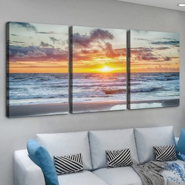 Looife Ocean Canvas Wall Art 24x36 Inch 3 Panels Sun Cloud And Sea Waves Painting Picture Giclee Prints Gallery Wrapped Ready to Hang Artwork for Living Room Bedroom Decoration …