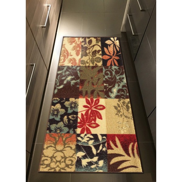 Custom Size Brown Floral Panel Boxes Rubber Backed Non-Slip Hallway