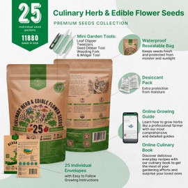 25 Culinary Herbs & Edible Flower Seeds Variety Pack for Planting Indoor & Outdoors. 11900+ Non-GMO Heirloom Flower Garden Seeds: Basil, Borage, Echinacea, Lavender, Oregano, Rosemary Seeds & More