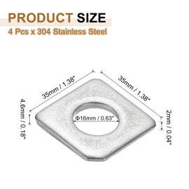 PATIKIL 4pcs M16 Beveled Square Washers, 16x35mm Missing Angle Square Beveled Washers Bearing Strut Plate Flat Spacer 304 Stainless Steel for Bolts Wedge Shim Leveling Fastener Nut Gasket