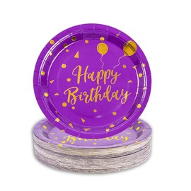 EVYIENEN 50 Pcs Happy Birthday Purple and Gold Paper Plates, 7 inch Metallic Foil Polka Dots Disposable Dessert Party Supplies for Graduation Wedding Holiday Christma Party Decorations