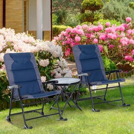 Outsunny 3-Piece Foldable Rocking Chair Outdoor Padded Bistro Set with Glass Table Top, Blue