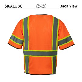 Sicalobo Men's High Visibility Safety Mesh Vest with 10 Pockets,Hi Vis ANSI Class 3 Reflective Work Vests Zipper Front Workwear for Men(Orange,4XL)