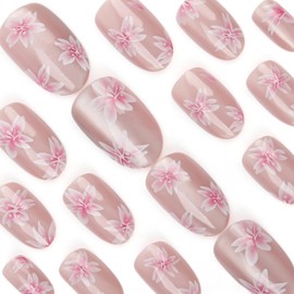 Pink Flowers Press on Nails Medium Almond Fake Nails Jelly False Nails Press ons with Peachy Floral Designs Reusable Acrylic Nails Glossy Full Cover Artificial Stick on Nails for Women Manicure 24Pcs