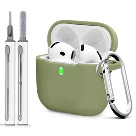 Woyinger for Airpods 4th Case Cover, Come with Cleaner Kit,Soft Skin Silicone Case Cover with Keychain, Front LED Visibl, Full Protective Case，Compatible with AirPods 4th(Army Green)
