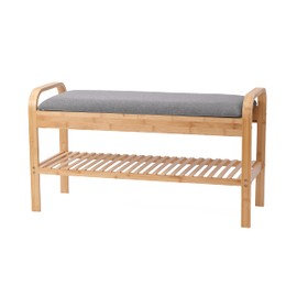 Proman Products Cambridge Bamboo Shoe Bench Organizer with Shoes and Cushion Storage, Natural