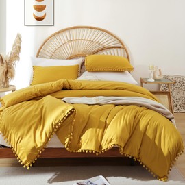 YIRDDEO King Size Comforter Set - King Size Comforter with Ball Pom Fringe, Soft King Bedding Set for All Seasons - 3 Pieces, 1 Comforter (104"x90"inches) & 2 Pillow Shams(20"x36"), Mustard Yellow