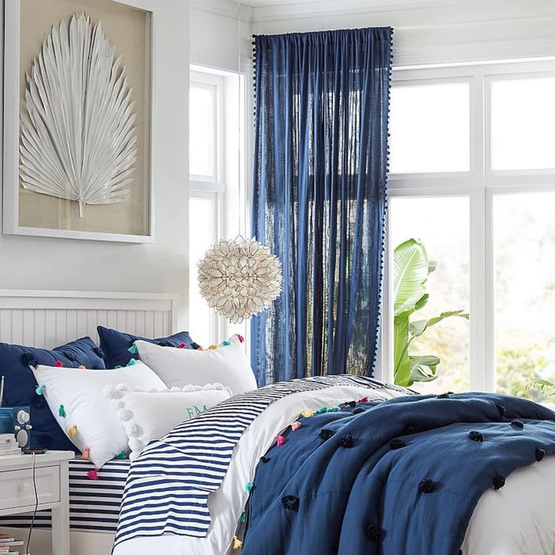 Pom-Pom Blue Sheer Curtains for Bedroom 63" Window Drapes Rod
