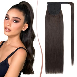 Elailite Ponytail Hair Extension Real Human Hair Remy - Wrap Around Clip in Hair Piece Straight (#2 Dark Brown, 16 Inch)