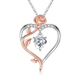 Pamkiid 925 Sterling Silver Rose Heart Pendant Necklace for Her Women Girlfriend, I Love You Dainty Gift for Mothers Day