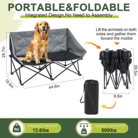 CroBlissful Large Outdoor Folding Sofa Dog Bed for Camping with Two Seats, 28.7 x 44.9 x 19.7 Inches Lazy Dog Bed with Carry Bag, Elevated Pet Grey Couch, Heavy Duty Pet Chair- Supports 500 Lbs Grey