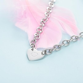 KunBead Letter O Initial Heart Tag Necklace 18 inch Punk Chunky Cuban Link Chain Choker Alphabet Stainless Steel Pendant Necklace