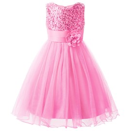 Uhnice Sequin Sleeveless Tulle Mesh Flower Girl Party Dress (7, Pink)
