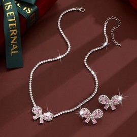 Janiasly Gorgeous Crystal Bow Jewelry Set Rhinestone Tennis Chain Necklace and Stud Earrings Vintage crystal Bow Knot Pendant Choker Necklace Bridal Wedding Accessories for Women (Pink)