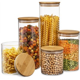 Set of 5 Glass Kitchen Canisters with Airtight Bamboo Lid - Glass Storage Jars for Pantry Organization and Bathroom for Flour, Coffee, Cookie Jar, Candy, Snack, Pasta, Rice, Sugar Packet Holder