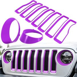 Front Grille Mesh Inserts & Headlight Cover for Jeep Wrangler JL JLU Unlimited Sport/Sports 2018-2023 Exterior Accessories Clip-in Grille Guard Cover Headlight Bezels Trim Ring (Purple 9PCS)