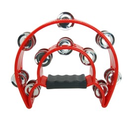 YAYUZEST Half Moon Musical Tambourine Double Row Metal Jingles Hand Held Percussion Tambourines Musical Instrumen with Ergonomic Handle Grip for Adults Church KTV Party (Red)