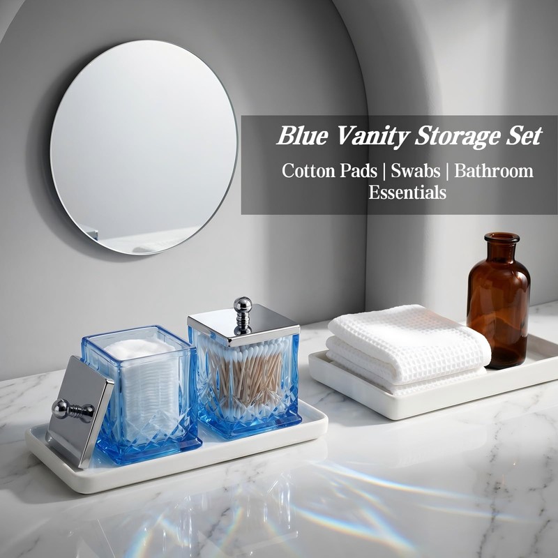 2 Pack 15Oz Blue Q-Tip Holder, Square Thick Glass
