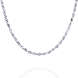 PAVOI Italian Solid 925 Sterling Silver, 22K Gold Plated, Italian Diamond-Cut Rope Chain Necklace for Men and Women, MADE IN ITALY (18, White Gold)