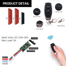 DieseRC DC 3.6V 5V 12V 24V 30V Wireless Remote Control Module 2A 1 Channel 433Mhz Radio Control Receiver Module with 2 Transmitters Small Mini Size Controller