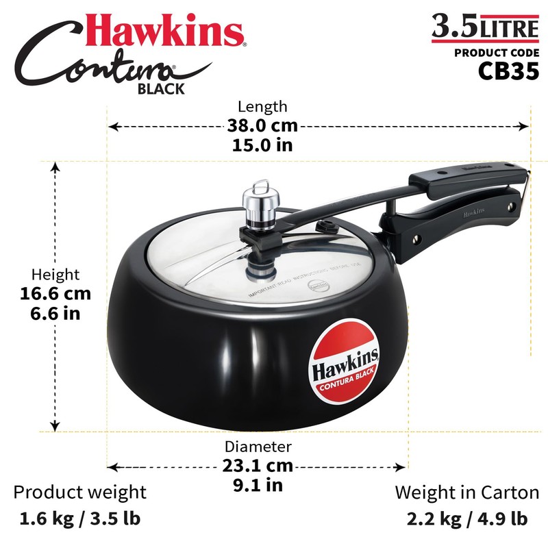 Hawkins 3.5 Litre Contura Black Pressure Cooker, Hard Anodised Inner