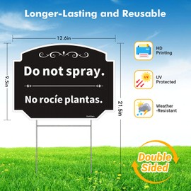 Do Not Spray Sign with Stake, No Spray Pesticide Yard Sign, Bilingual Plant Signs in English and Spanish, 2Pack-12.6"x9.5" No Spray Signs, Double Sided Corrugated Plastic, Easy to Mount (Black)