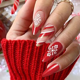 Vatocu False Nails, Christmas, Qval Short, Red, Pink, for Printing on Nails, Gold, Glitter, Snowflakes, False Nails, Lines, Acrylic, for Gluing for Women and Girls (Pack of 24) (F)