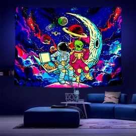 Psyhilar Astronaut Black Light Tapestry for Men, Blacklight Alien Poster for Teens Boys, Funny Neon Galaxy Wall Tapestry (79 x 59 Inches)