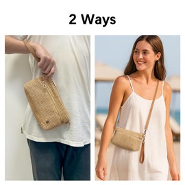 NEICOA Straw Crossbody Bags for Women 2025, RFID Wallet Straw Clutch Bag Raffia Purse, Small Summer Wristlet Purses with Card Slots(Leather Strap Khaki)