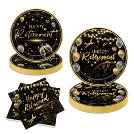 WODJR 60 Pcs Retirement Party Decorations Retirement Tableware Retirement Plates Napkins Disposable Party Dinnerware for Happy Retirement Party Supplies Farewall Decor Black and Gold Party Decorations
