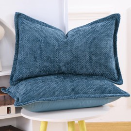 Madizz Set of 2 Chenille Velvet Cushion Covers with Flange Soft Boho Textured Throw Pillow Covers Broadside Pillowcases Modern Farmhouse Home Decor for Sofa Bedroom Dark Blue 12x20 inch, 30x50 cm