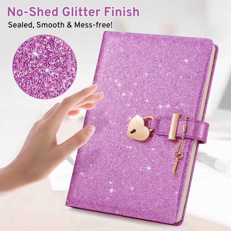 Yonavita Purple Glitter Diary with Lock & Key, No-Shed Sparkle