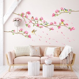 DECOWALL SG-2117 Cherry Blossom Wall Sticker Hanging Wall Sticker Pink Flowers Branches Birds Wall Sticker Bedroom Living Room Window Wall Decoration