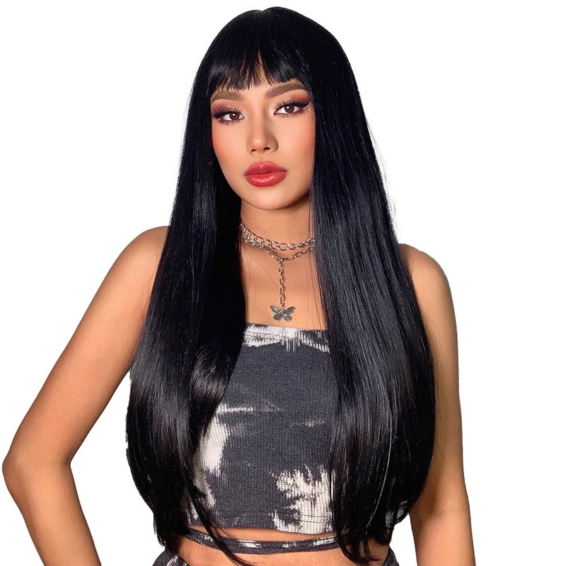 Long Black Wig Human Hair with Bangs and Wig Cap