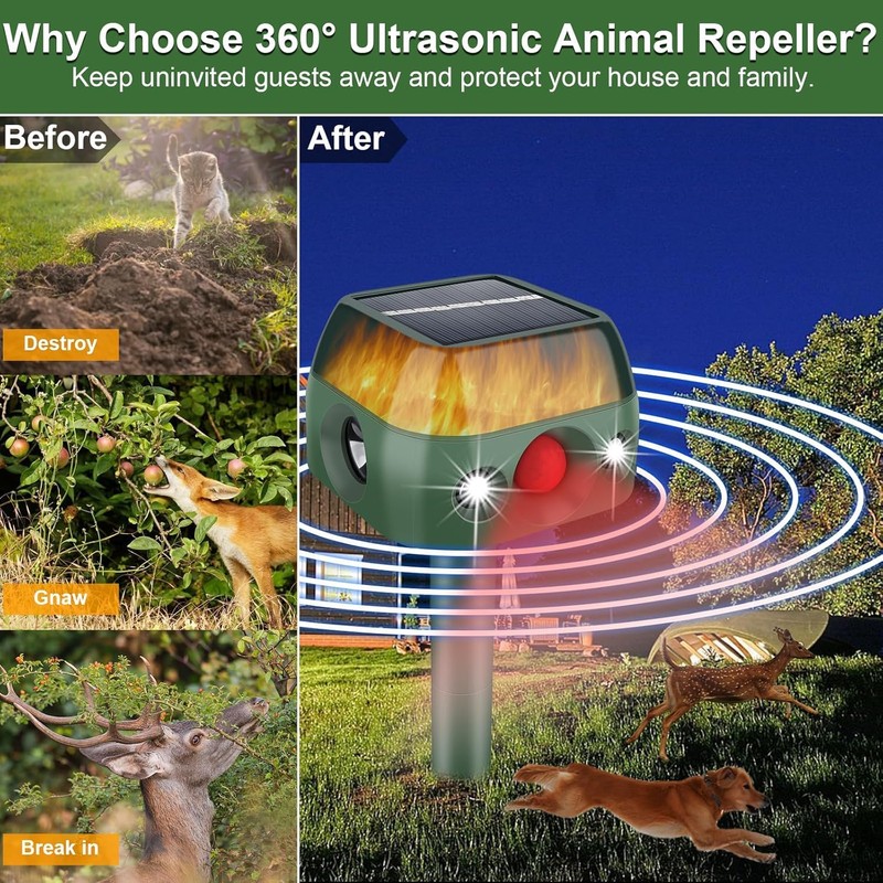 JNKNT Ultrasonic Animal Repeller,360° Solar Pest Animal Repellent,Cat Repellent Outdoor