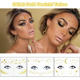 Pack of 6 Temporary Tattoos Gold Flash Makeup Sticker Face Tattoo Waterproof Glitter Freckles Tattoo Golden Moon Stars Face Tattoo for Women Teenager Carnival Party Festival Body Art